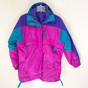 Vintage 90s Columbia Gizzmo Jacket Colorblock Pink Teal Purple Nylon Retro Ski L